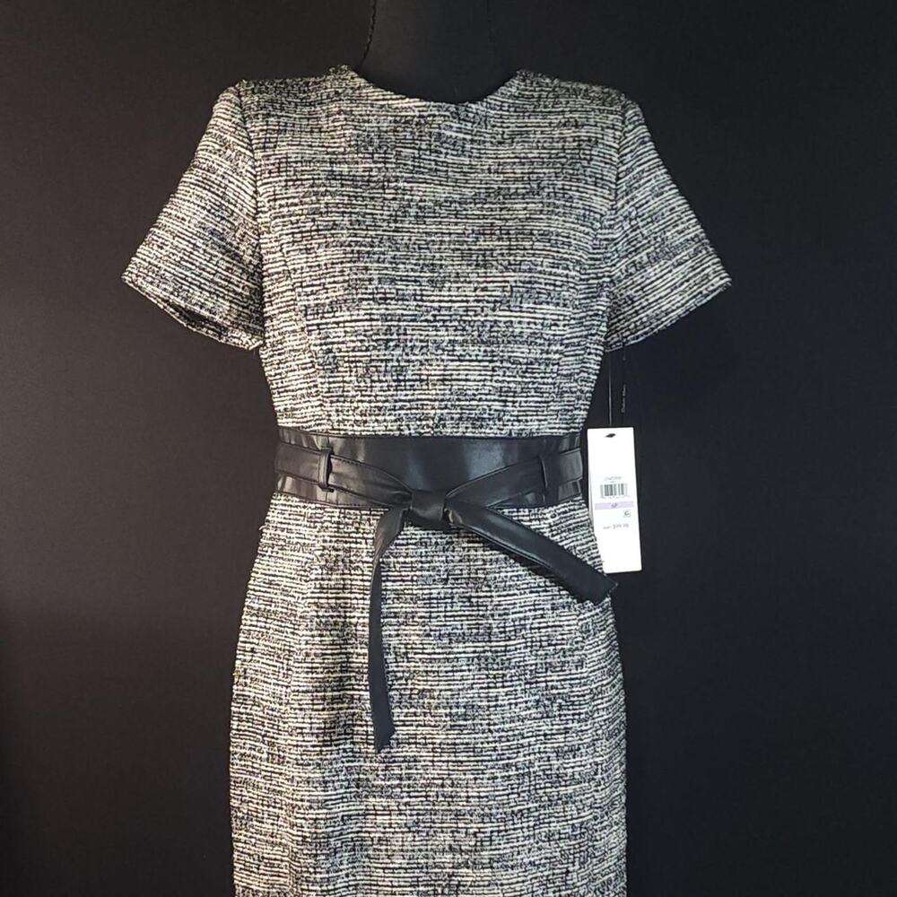Calvin Klein tweed faux leather Tie Waist Sheath Dress Black Cream 6P Petite NWT
